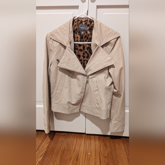 Kenna-T Classic Leather Moto Jacket Sz M Beige - Picture 8 of 8